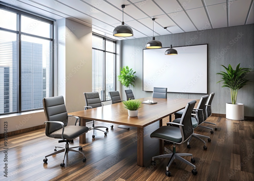 Fototapeta premium Sleek, modern conference room with a large, blank whiteboard and a few, strategically placed, sparse objects, evoking a sense of simplicity and clarity.