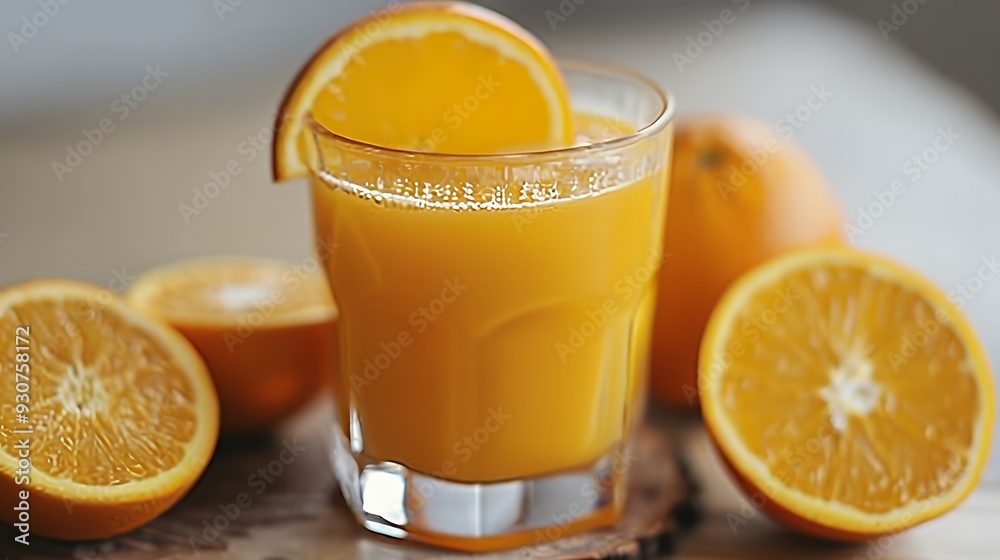 A refreshing glass of orange juice with fresh oranges nearby. A refreshing glass of orange juice with fresh oranges nearby.