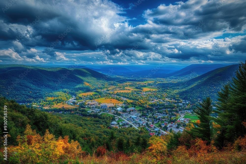 Appalachian Town Landscape with Blue Ridge Mountains and Cloudy Sky