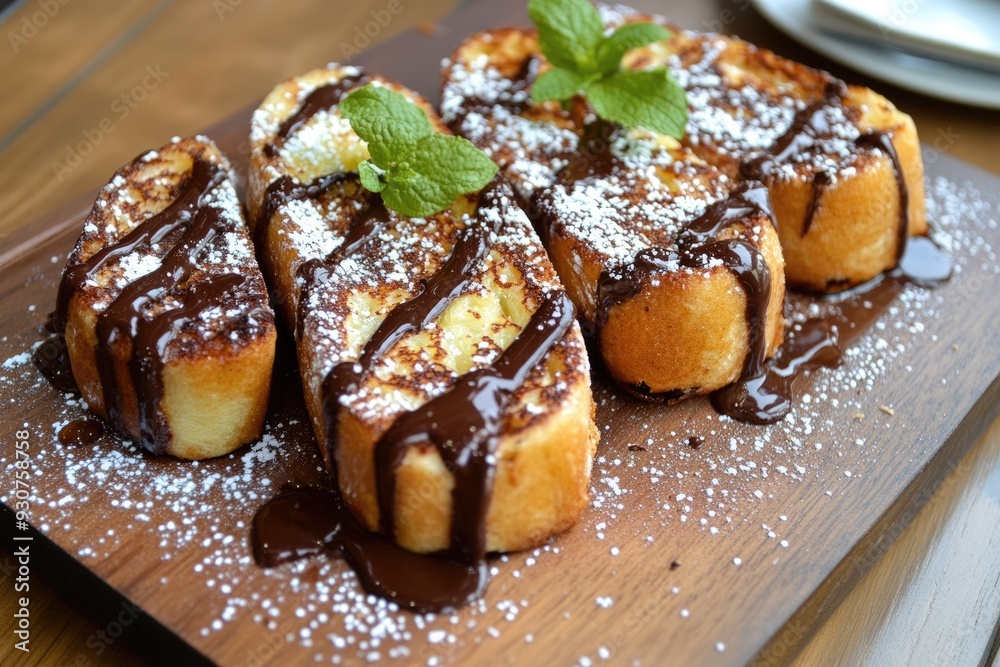 Brioche French Toast Dessert with Sprinkle of Chocolate on Slate Background Brioche French Toast Dessert with Sprinkle of Chocolate on Slate Background