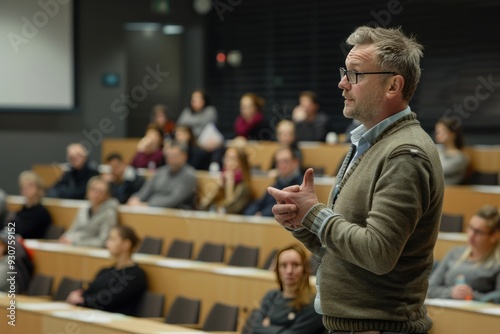 A man stands in front of a large audience, giving a presentation, generative ai image photo