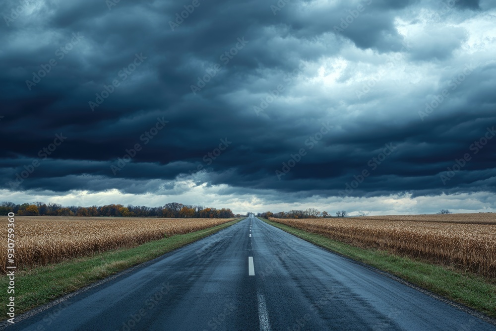 Iowa Highway: Driving Through Dark Storm on Interstate with American Countryside Background