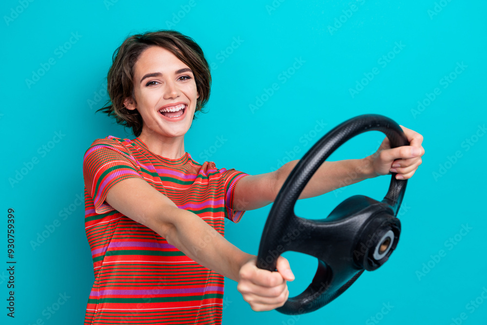 Photo of cheerful glad confident driver dressed trendy clothes buy new car speed vehicle isolated on cyan color background Photo of cheerful glad confident driver dressed trendy clothes buy new car speed vehicle isolated on cyan color background