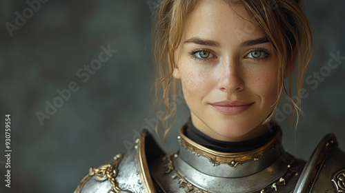 Mujeres al poder, joven rubia con armadura de caballero medieval, concepto de fuerza, poder y valentía de la mujer moderna des siglo 21