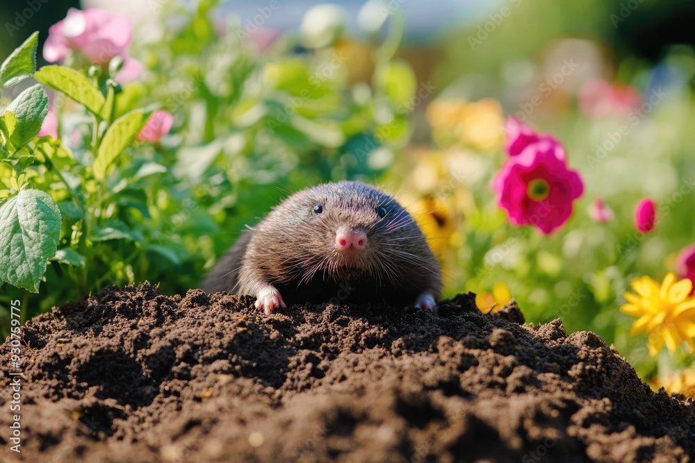 Mole In Yard. A European house mole in a green flower garden Mole In Yard. A European house mole in a green flower garden