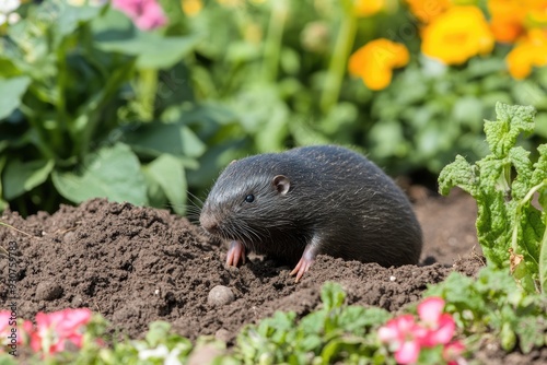 Mole In Yard. Animal Burrow in European Garden with Green Flowered Soil photo