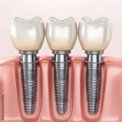 Gráfico de proceso de implantes dentales, tornillos y dientes de cerámica.