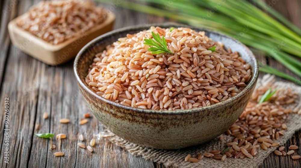 Whole Grain Brown Rice Dish. Brown Rice Bowl on Wooden Table, Organic Vegetarian Food Whole Grain Brown Rice Dish. Brown Rice Bowl on Wooden Table, Organic Vegetarian Food