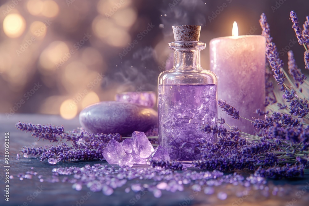 Amethyst Spa. Lavender Essential Oil Bottle with Amethyst Crystals, Lavender Flowers and Candles on Table Amethyst Spa. Lavender Essential Oil Bottle with Amethyst Crystals, Lavender Flowers and Candles on Table