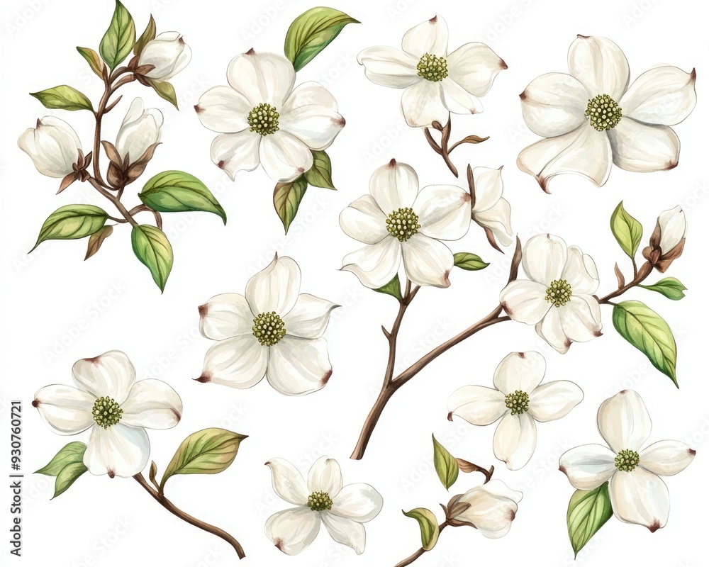 Dogwood Illustration. Beautiful Doodle Flower Set with Blossoms on White Background Dogwood Illustration. Beautiful Doodle Flower Set with Blossoms on White Background