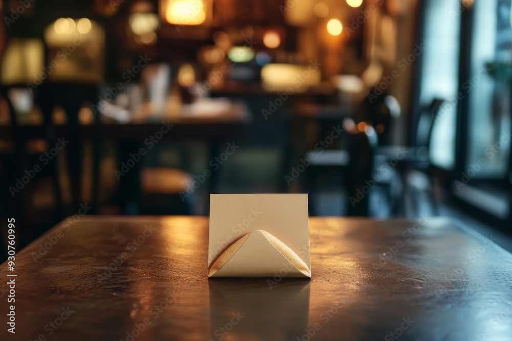 Creatively folded beige napkin on wooden table in dimly lit restaurant with blurred background Creatively folded beige napkin on wooden table in dimly lit restaurant with blurred background