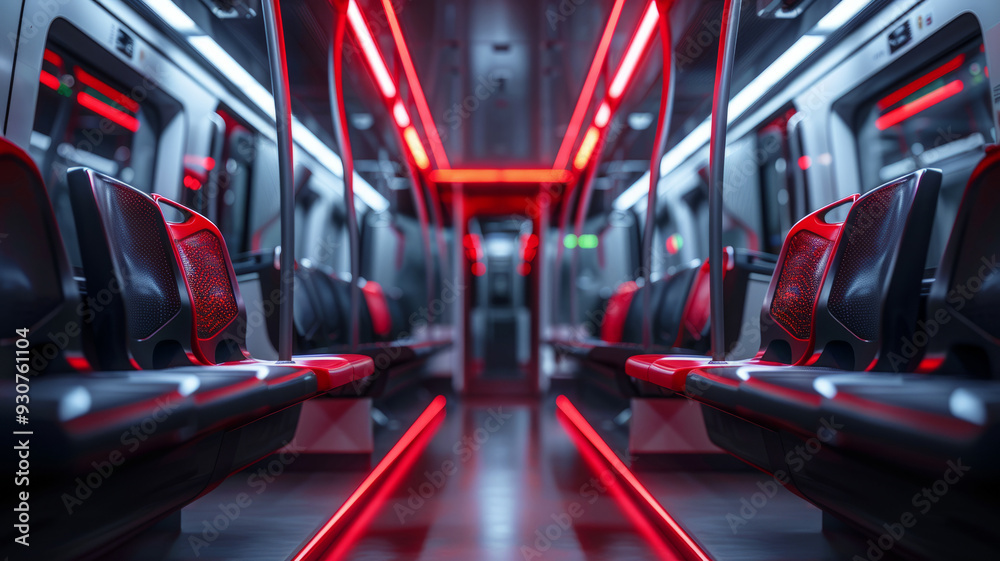 Fototapeta premium Empty metro train with futuristic red lighting inside