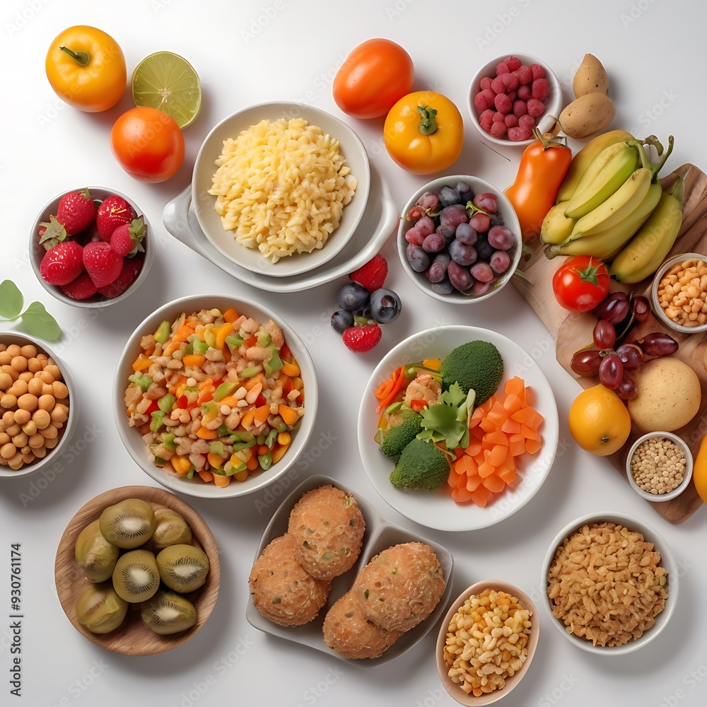 Food day decoration of meal, vegetables and fruits. Creative concept for healthy foods, fresh vegetables, fruit, with plate, food day celebration with attractive healthy food in white background Food day decoration of meal, vegetables and fruits. Creative concept for healthy foods, fresh vegetables, fruit, with plate, food day celebration with attractive healthy food in white background
