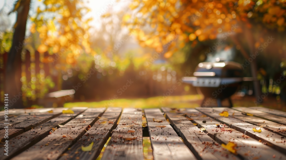 A serene outdoor setting with a wooden table and a grill, surrounded by autumn foliage. A serene outdoor setting with a wooden table and a grill, surrounded by autumn foliage.