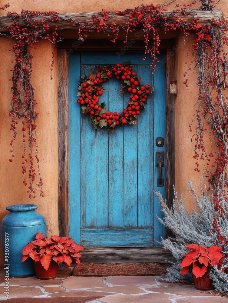Fototapeta premium New Mexico Chile: Festive Door Decorations in Santa Fe for the Holidays