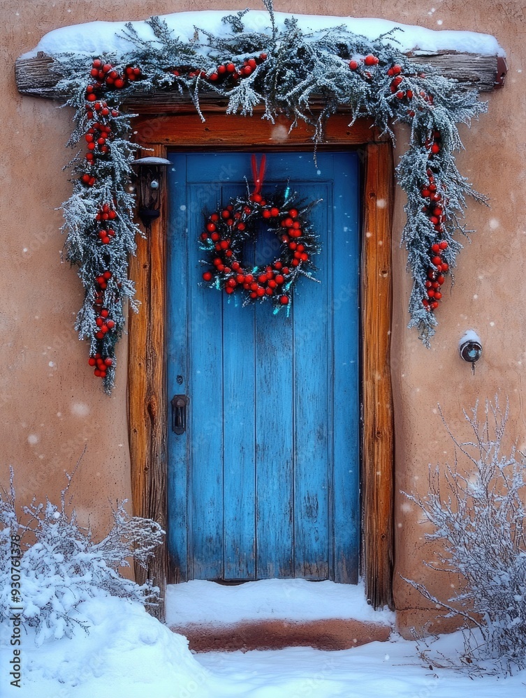 Fototapeta premium New Mexico Chile Ristras Decorating Adobe Doors for the Holidays in Santa Fe