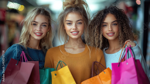 Chicas adolescentes de compras, cargando con bolsas coloridas. photo