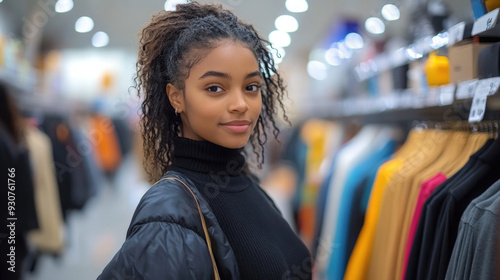 Adolecente afroamericana en una tienda de compras, decidiendo que vestido comprar. Concepto de comercio a público femenino. photo