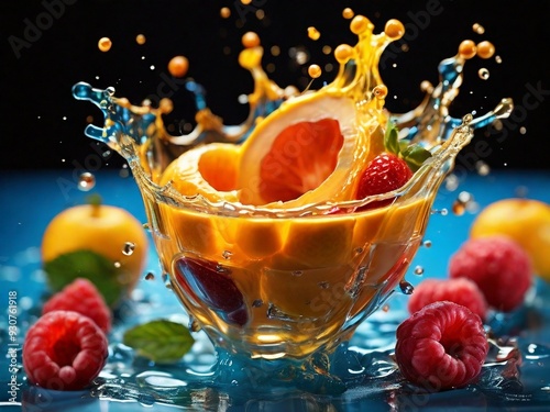 Colorful fruit falling into juice, with dynamic and vibrant motion. The image is isolated on a plain background, emphasizing the fresh and juicy appeal of the fruit and the clean, bright splash of jui