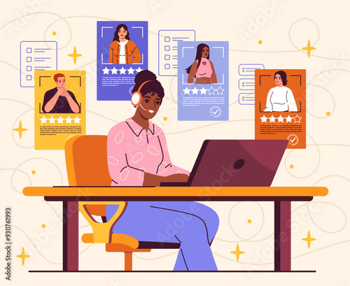 Woman with job candidate. Young girl in headset evaluates candidates for vacancy. Headhunting and recruitment. HR manager at workplace. Flat vector illustration isolated on beige background