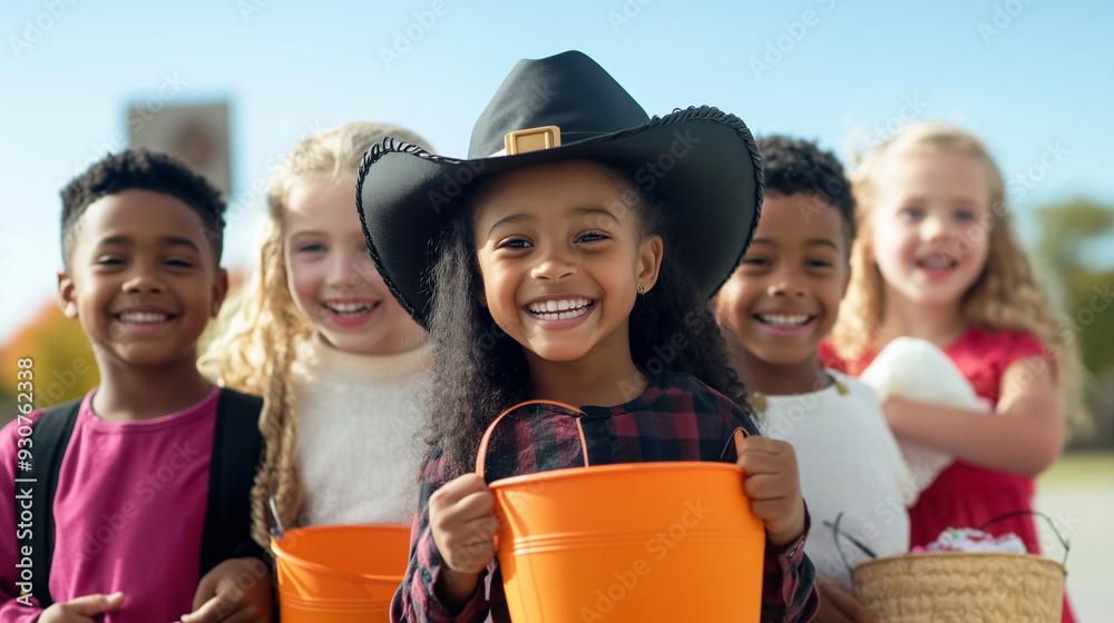 A diverse group of kids happily posing in their Halloween costumes, ready for a day of trick-or-treating. The group includes a mix of characters, from a cowboy to a ballerina, each A diverse group of kids happily posing in their Halloween costumes, ready for a day of trick-or-treating. The group includes a mix of characters, from a cowboy to a ballerina, each