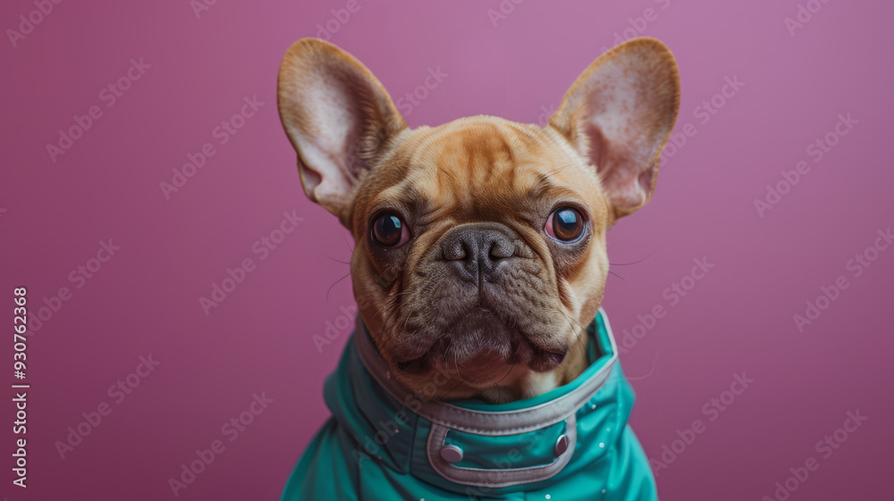 French Bulldog with turquoise hoodie against a pink background.