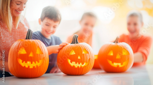 A lively autumn day captured in the kitchen as a family prepares for Halloween by carving pumpkins. The parents and children are fully engaged in the activity, with smiles and laug photo