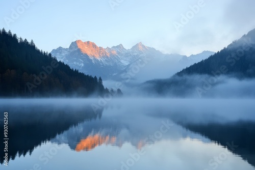 Tranquil alpine lake surrounded by fog-shrouded forests and snow-capped mountain peaks at dawn