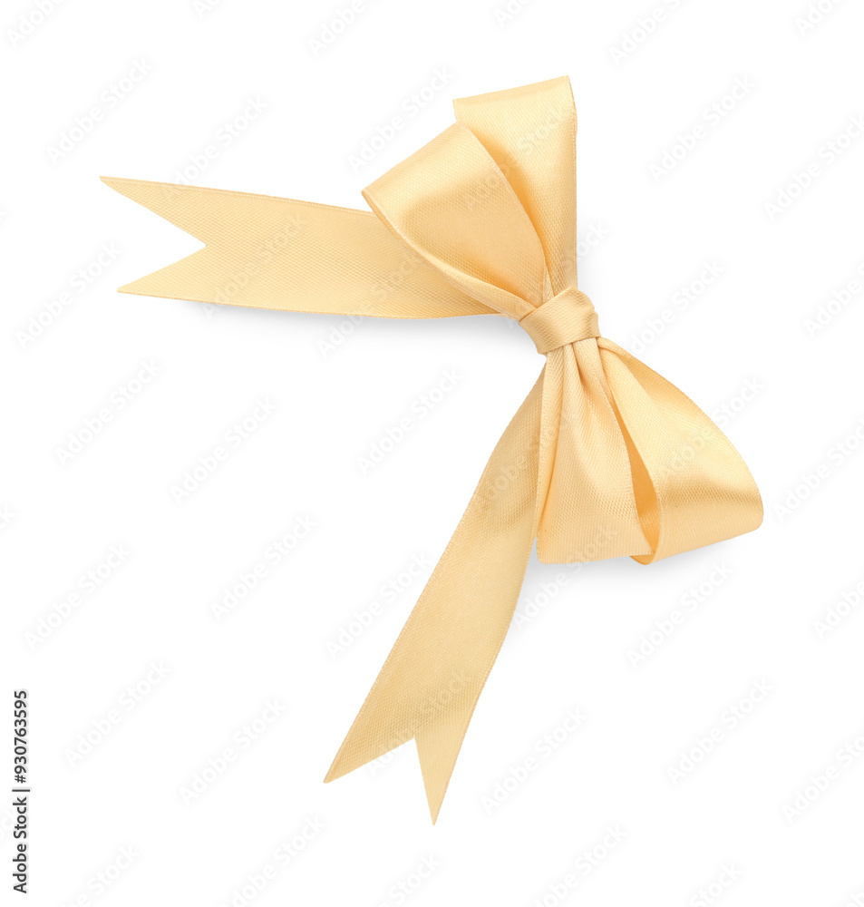 Fototapeta premium One golden satin bow isolated on white, top view