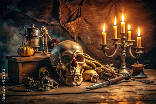 Spooky pirate-themedstill life featuring a human skull surrounded by crossed bones, candlesticks, and mysterious artifacts on a dimly lit, worn wooden table. photo