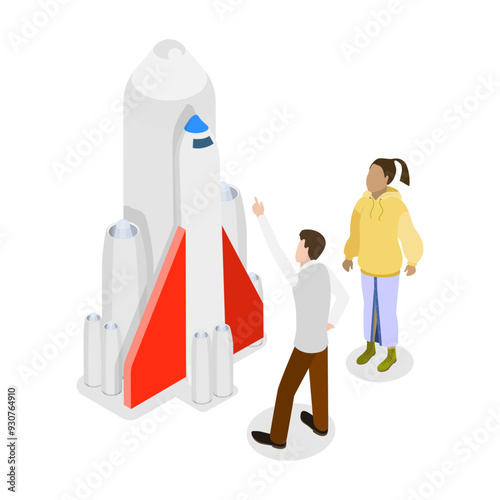 3D Isometric Flat Vector Set of Planetarium Excursion, Museum Astronomical Exhibition. Item 1