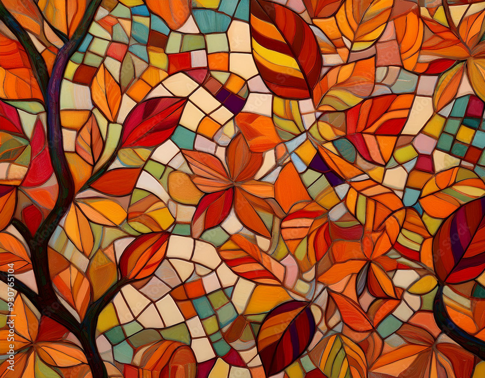 Autumn Mosaic with Abstract Shapes Representing Leaves, Bark, and Natural Elements in Seasonal Shades Autumn Mosaic with Abstract Shapes Representing Leaves, Bark, and Natural Elements in Seasonal Shades