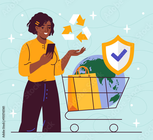 Overconsumption problem concept. Woman with smartphone near trolley and globe. Recycled products. Caring for nature and environment. Flat vector illustration isolated on blue background