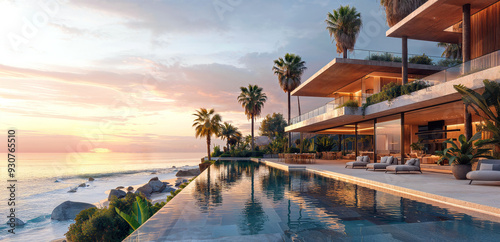 Fototapeta Naklejka Na Ścianę i Meble -  An architectural rendering of the exterior view across an infinity pool of a modern mansion on beachfront with white walls and large glass windows overlooking the coastal ocean