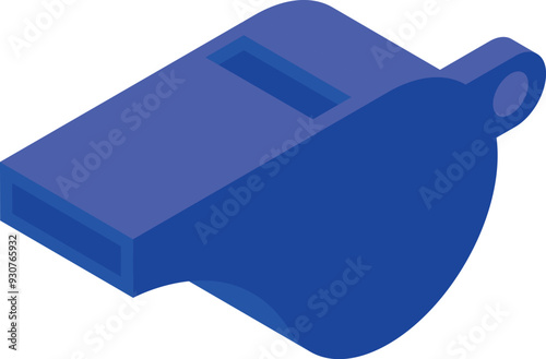 Blue whistle blowing, isometric object projecting sound, isolated on white background
