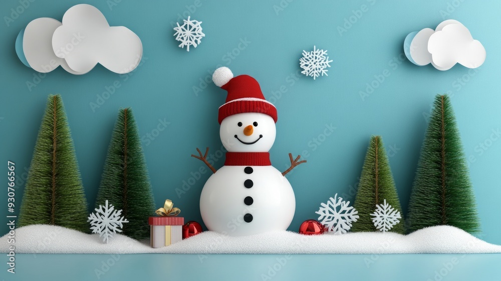 Festive winter scene with charming snowman, christmas trees, and falling snowflakes ideal for holiday cards or banners Festive winter scene with charming snowman, christmas trees, and falling snowflakes ideal for holiday cards or banners