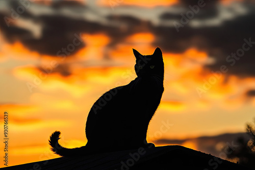 Silhouette of a Black Cat Sitting on a Rooftop at Sunset