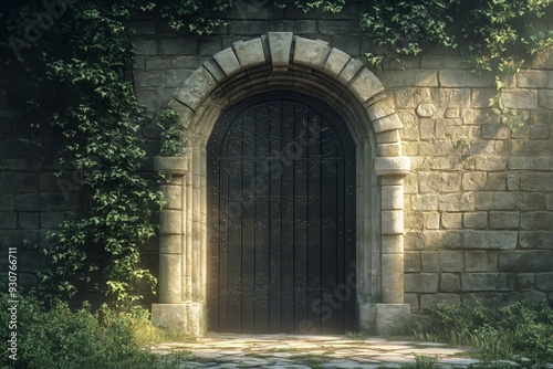 Fantasy Medieval Stone Gate Archway with Solid Door in Side of Wall Generative Illustration