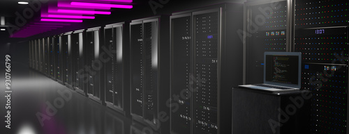 Server. Server data center. Backup, mining, hosting, mainframe, farm and computer rack with storage information. 3d rendering