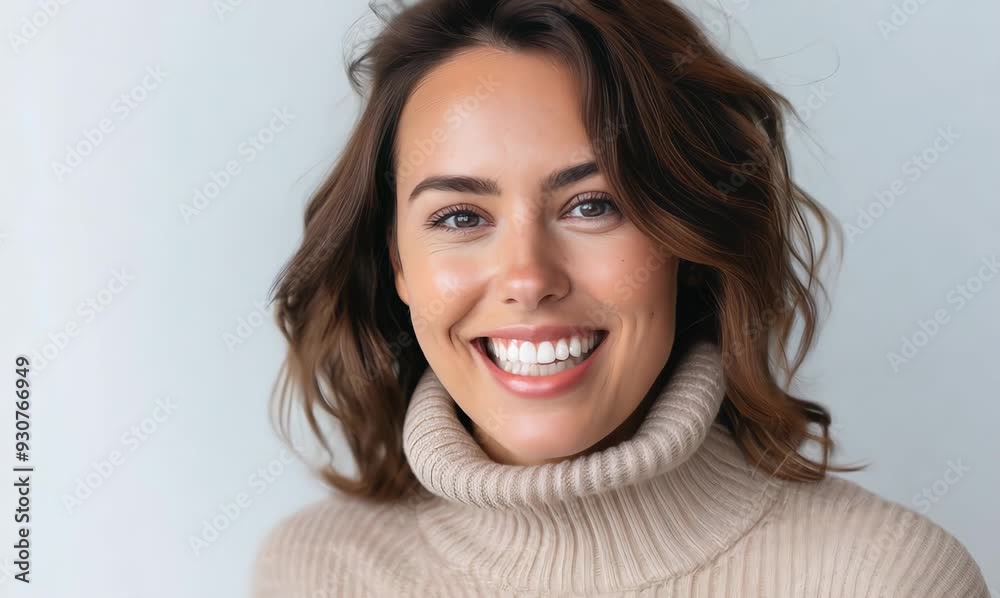 Close up portrait of a smiling young woman in sweater looking at camera isolated on a white background Close up portrait of a smiling young woman in sweater looking at camera isolated on a white background