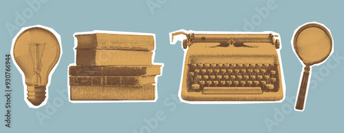 Explorer's kit includes items such as magnifying glass, typewriter, books, and light bulb. Collage colored set with photocopy dotted effect. Trendy halftone clipping elements.