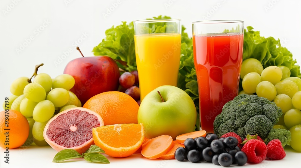 A colorful arrangement of fruits and juices, promoting healthy eating and hydration. A colorful arrangement of fruits and juices, promoting healthy eating and hydration.