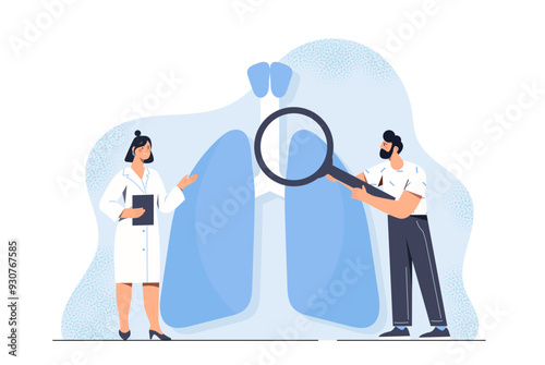 Pulmonologist with lungs. Man with magnifying glass and woman in uniform near huge lungs. Diagnosis and treatment. Bronchi and respiratory system research. Flat vector illustration