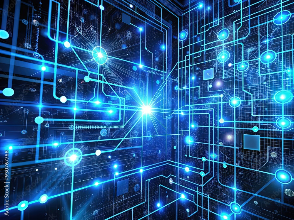The futuristic computer screen displays a complex network of glowing blue lines, circuits, and codes, illustrating advanced technology and digital connectivity.