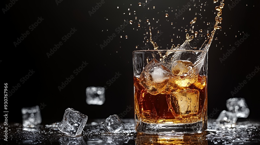 A glass of whiskey splashing with ice cubes against a dark background. A glass of whiskey splashing with ice cubes against a dark background.