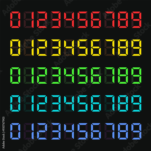 Digital led numbers. Electronic or digital clock counter with led figures. Vector EPS 10
