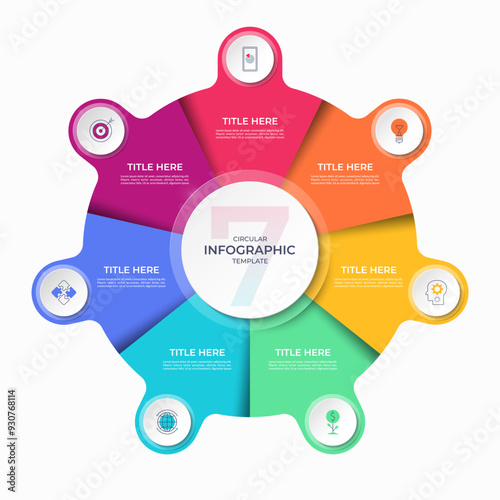 Infographic circle with 7 options, parts. 7-step vector template for business infographics. Process chart, cycle diagram for business presentation, report, brochure, web, data visualization.