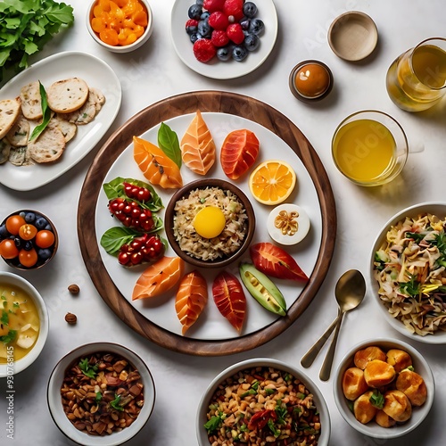 Food day decoration of meal, vegetables and fruits. Creative concept for healthy foods, fresh vegetables, fruit, with plate, food day celebration with attractive healthy food in white background