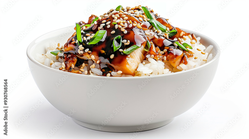 Delicious bowl of chicken with rice topped with sesame seeds and green onions. Savory chicken dish served over steamed white rice in a modern style