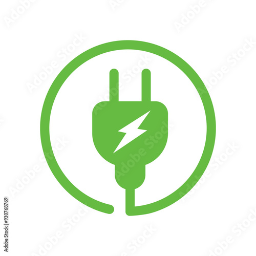 Electric car with E plug green icon. Eco friendly vehicle concept  symbol. Hybrid vehicles charging point logotype. Vector illustration.